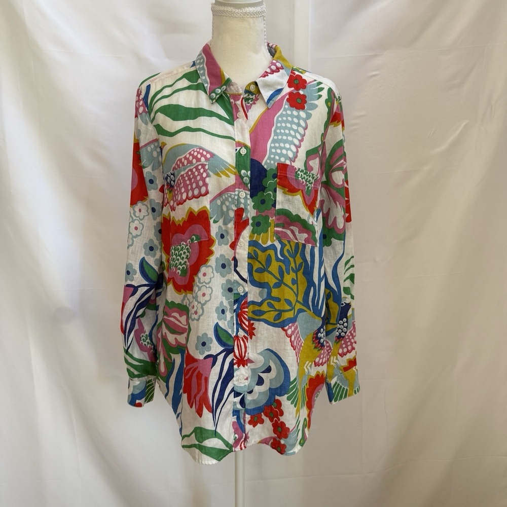 Boden Linen Long Sleeve Floral Bird Button Up Blouse Women 10R Boho Resort - Picture 1 of 13